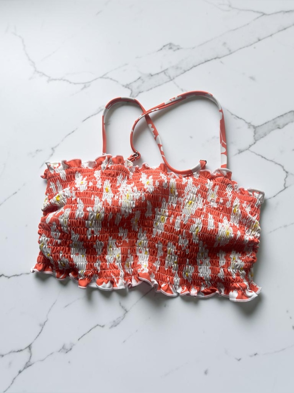 Coral & White Smocked bikini top